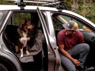 Hund und Mensch im Auto (Ruffwear)