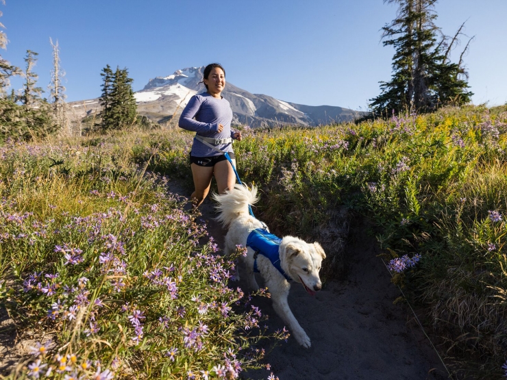 Frau mit Hund laufend Ruffwear