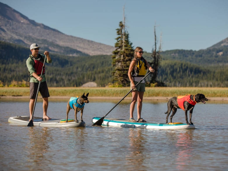 2 Menschen mit Hund Paddelboarding 