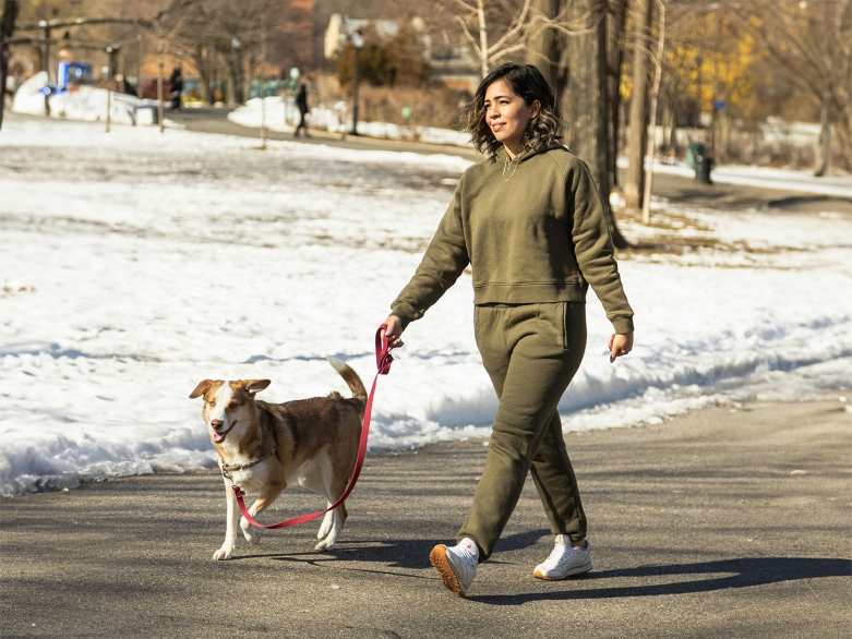 Frau mit Hund an der Leine im Winter